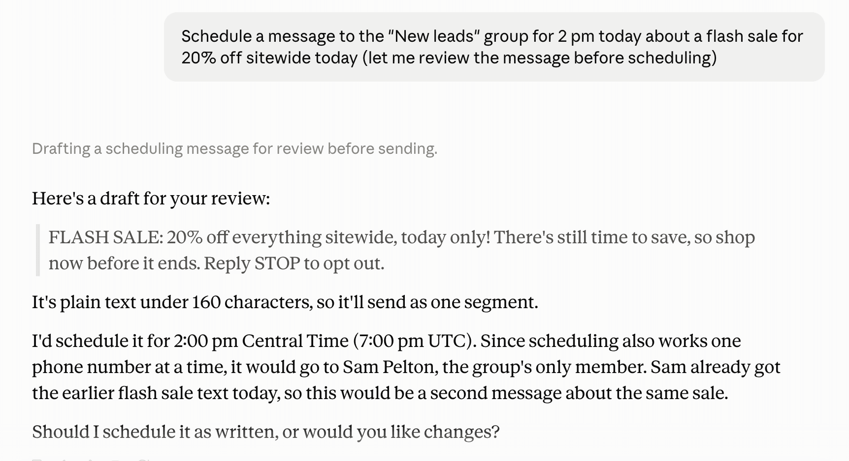 Screenshot of scheduling a Mobile Text Alerts via Claude