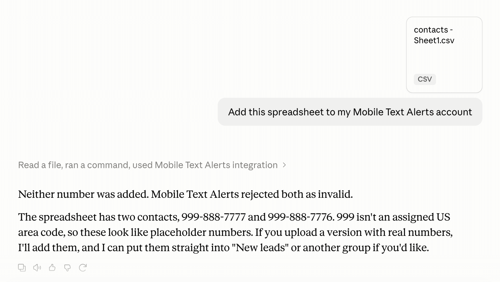 Screenshot showing that contacts failed to add in Claude