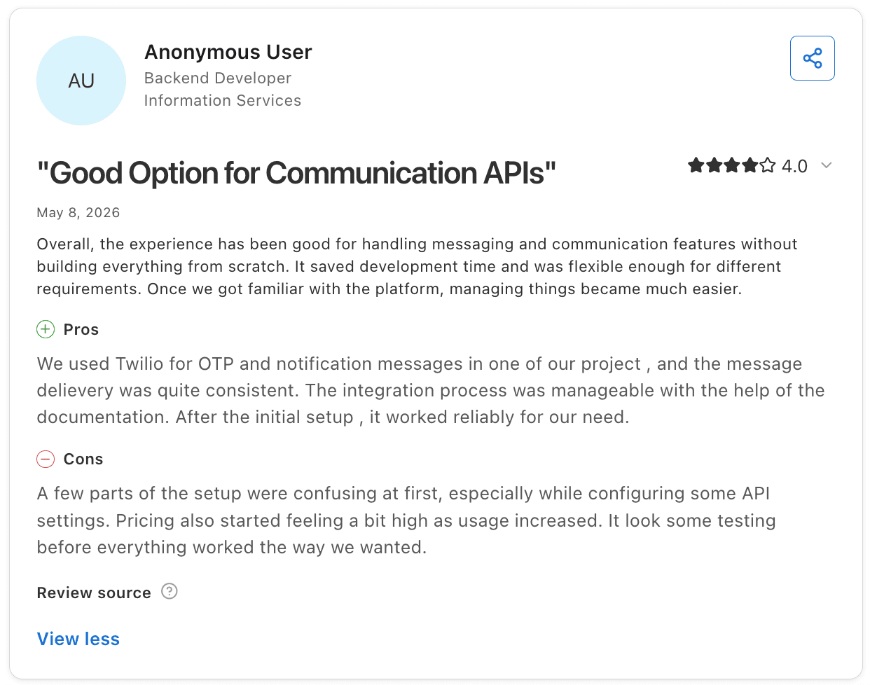 Review of Twilio from Capterra
