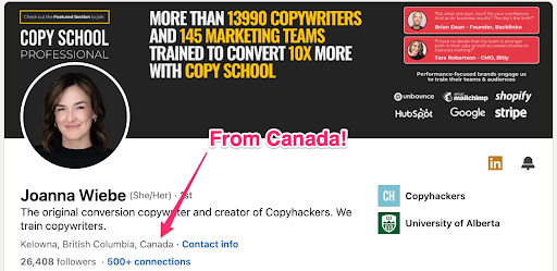 Sccreenshot of Joanna Wiebe LinkedIN page