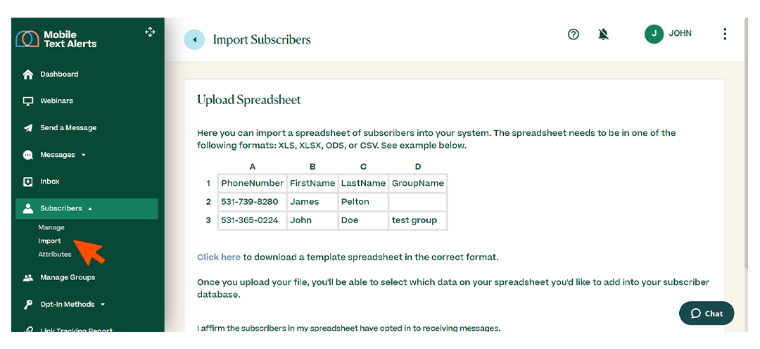 Screenshots briefly walking through the process of importing a subscriber list in the MTA dashboard, with arrows and circles drawing the readers’ attention to important parts of the graphic