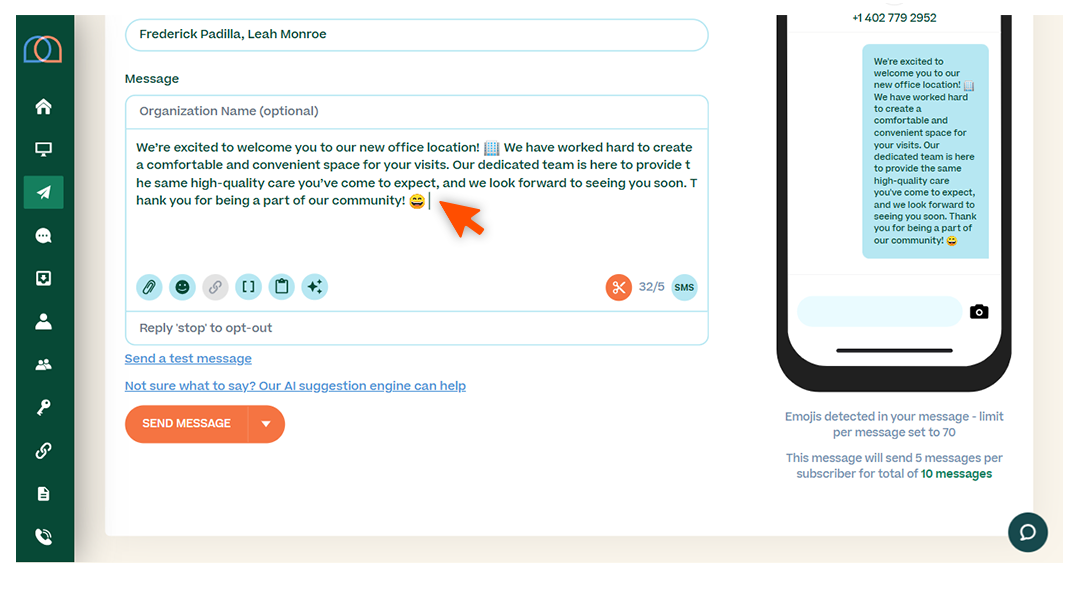 Screenshots briefly walking through the process of sending a message, with arrows and circles drawing the readers’ attention to important parts of the graphic