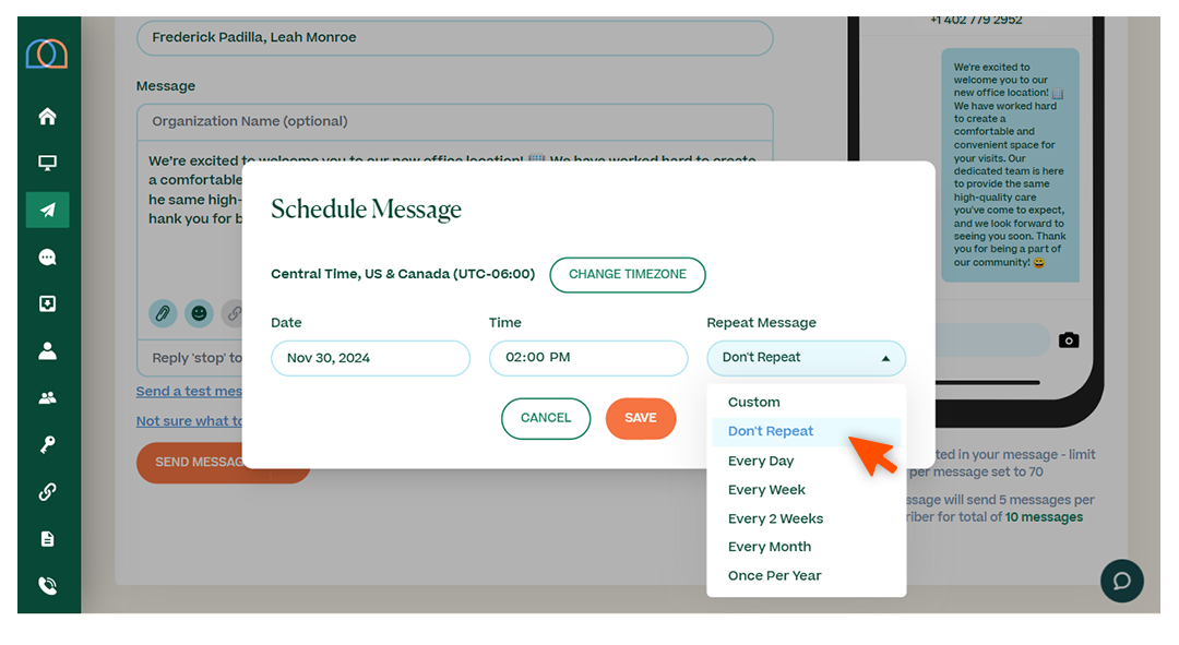 Screenshots briefly walking through the process of sending a message, with arrows and circles drawing the readers’ attention to important parts of the graphic
