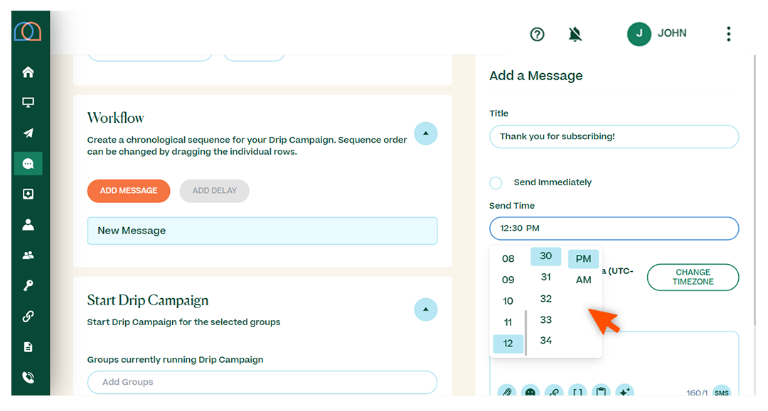 Screenshots briefly walking through the process of setting up a drip campaign, with arrows and circles drawing the readers’ attention to important parts of the graphic
