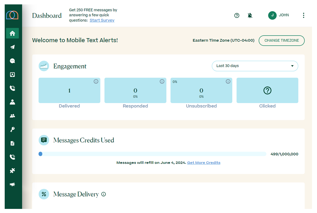 screenshot of the Mobile Text Alerts dashboard