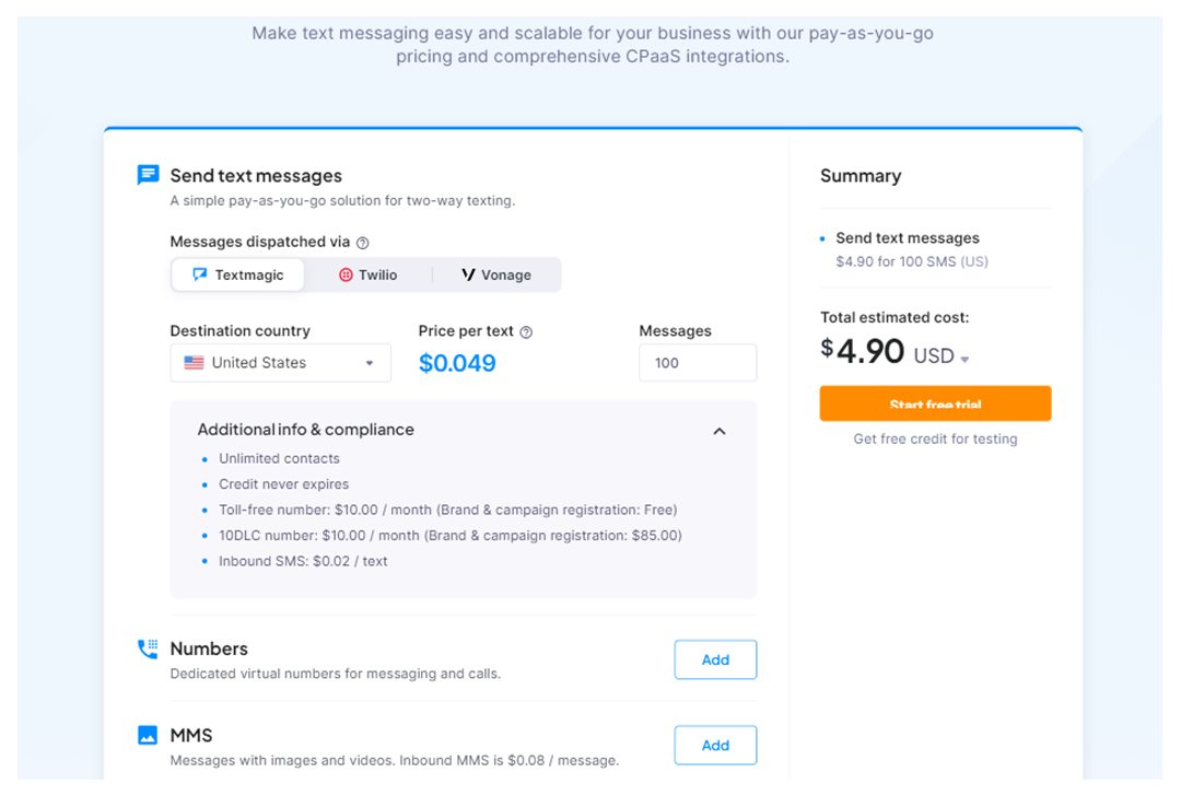 TextMagic pricing page