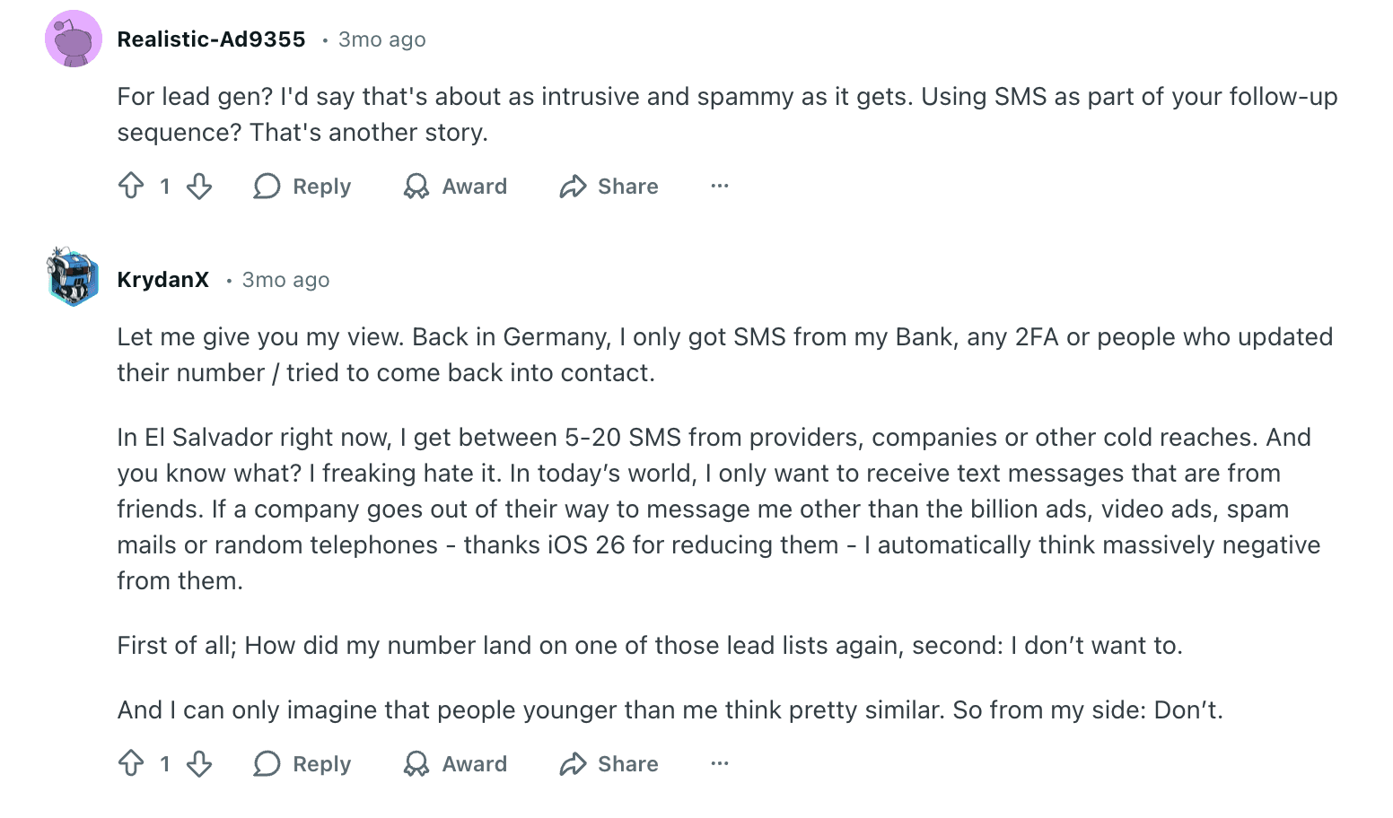 Screenshot of Reddit thread showing complaints about non-consensual SMS