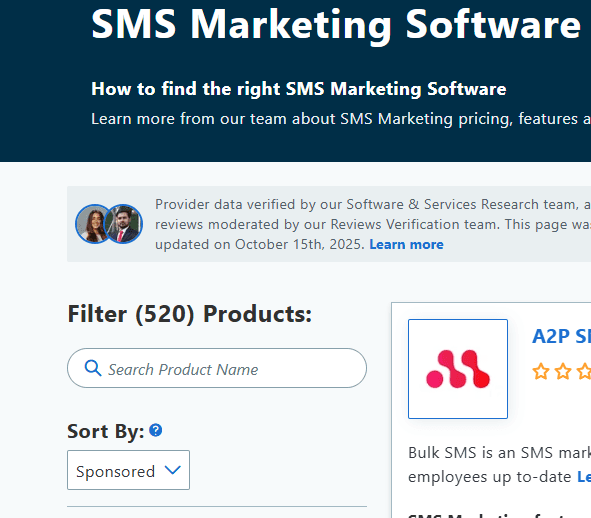 Screenshot of the "SMS Marketing Software" category on Capterra