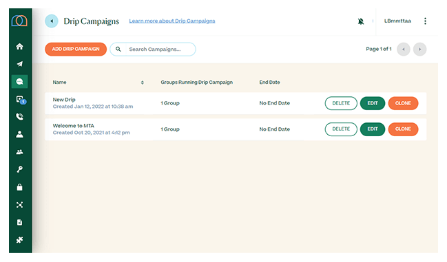 Screenshot of text drip campaigns page