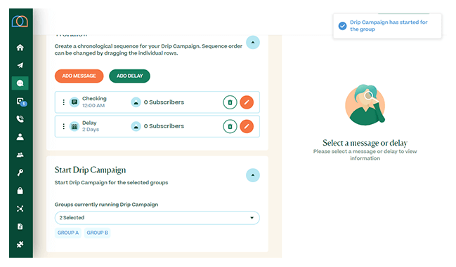 Screenshot of adding groups to a text drip campaign