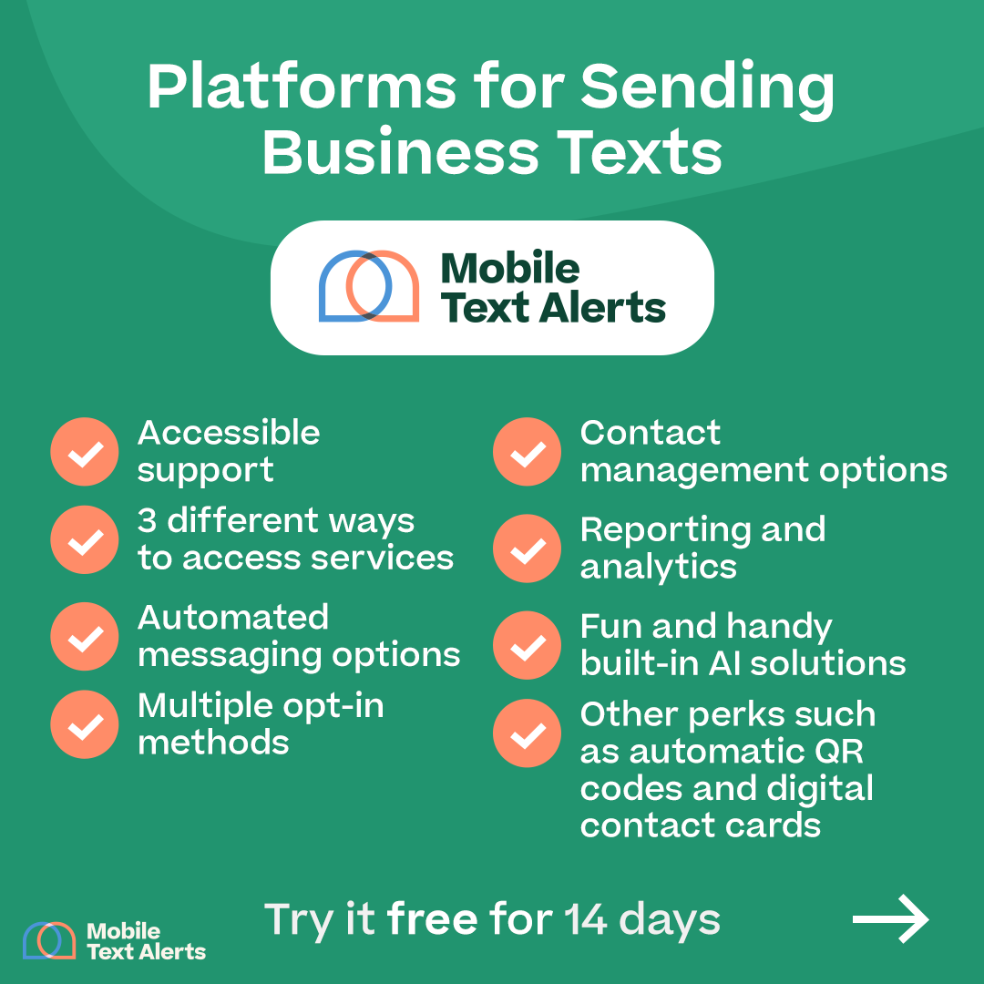 Platforms for Sending Business Texts: Mobile Text Alerts” with the MTA logo and all the bolded text above bulleted and “Try it free for 14 days” on the bottom