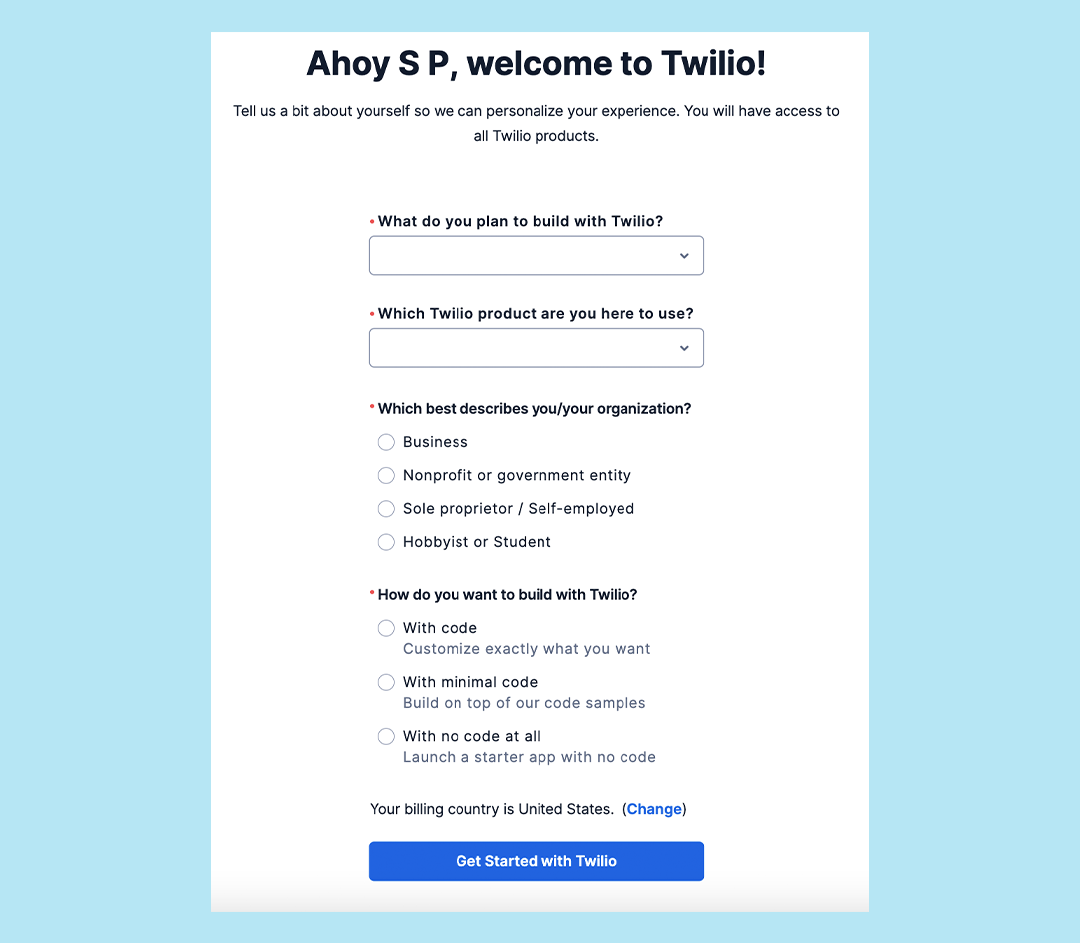 screenshot of form to fill out for twilio messaging