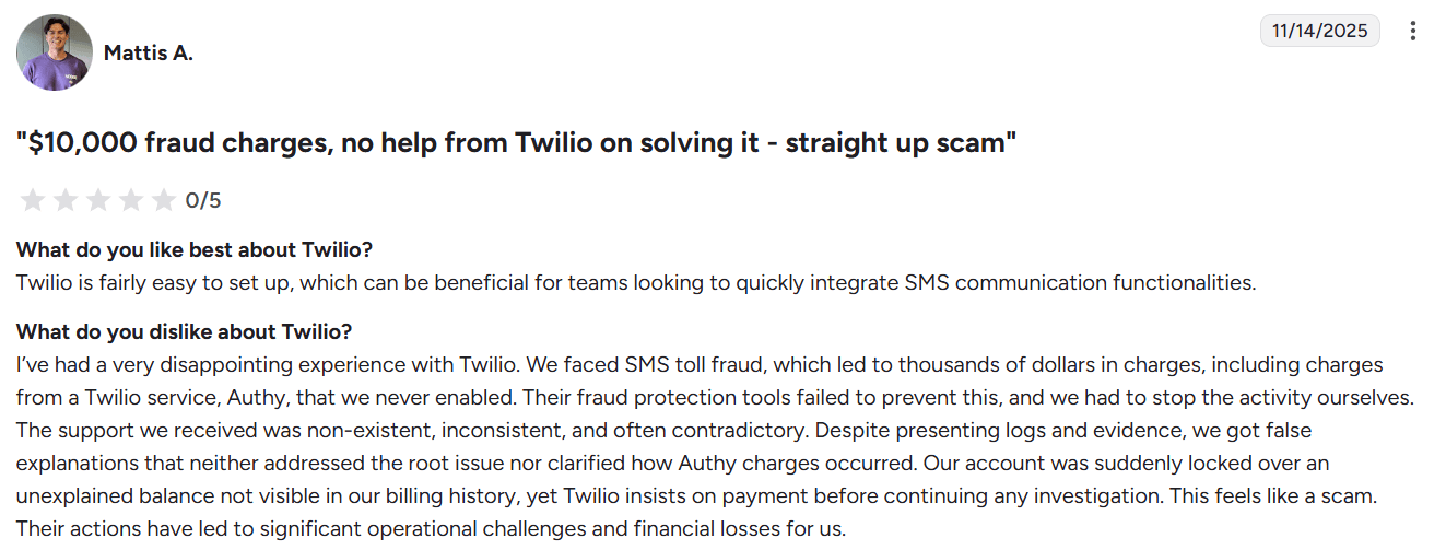 Screenshot of Twilio review from G2