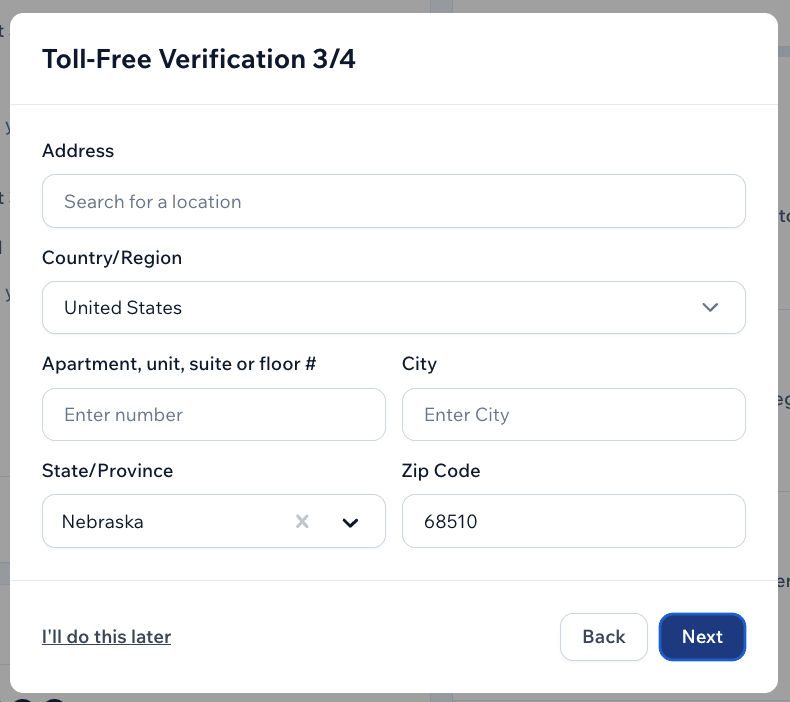 Screenshot of SMS registration form asking for business address